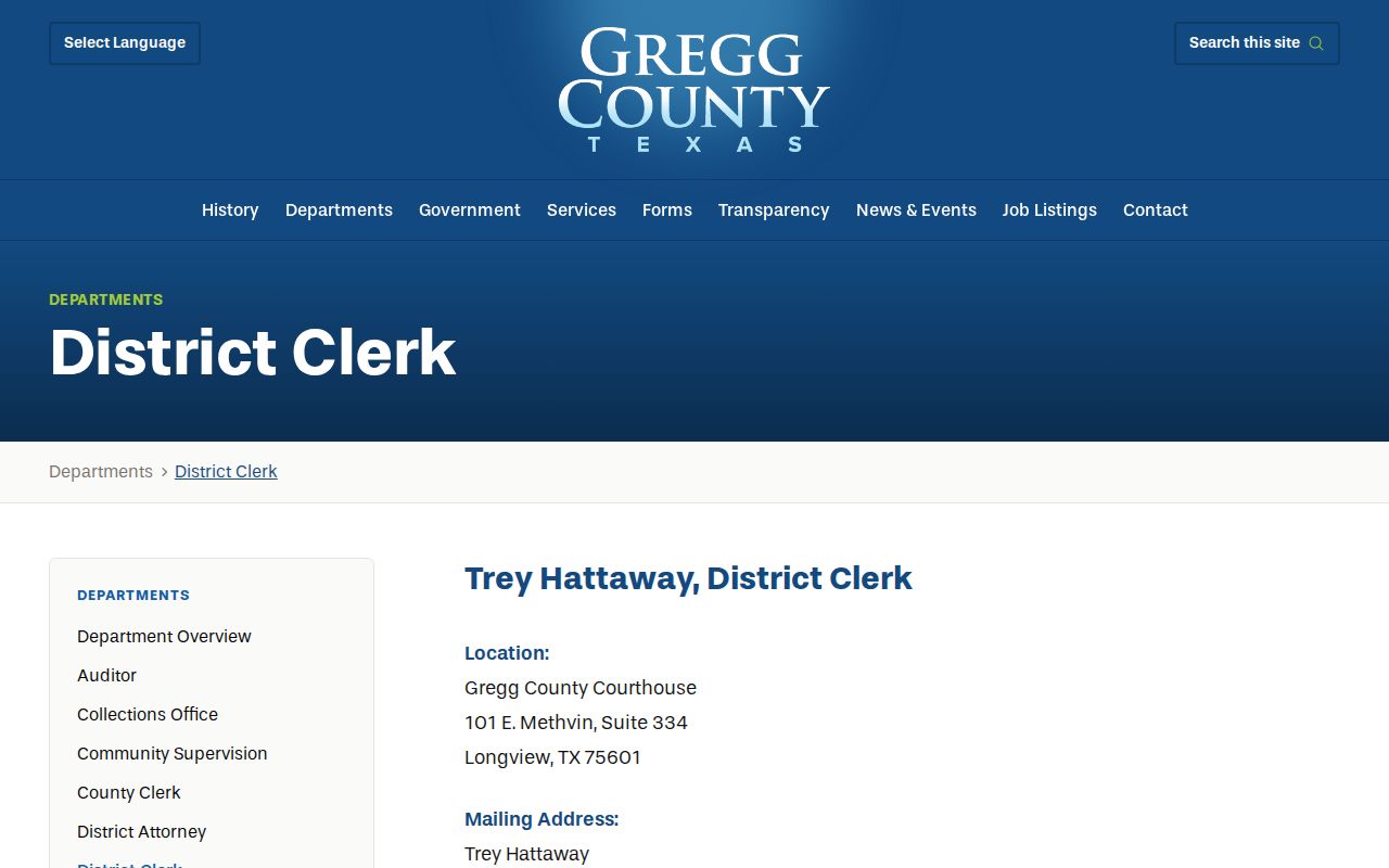 Gregg County court case records District Clerk contact page