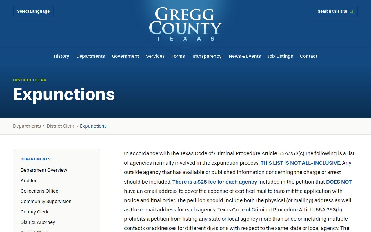 Gregg County criminal record expunction agency routing checklist