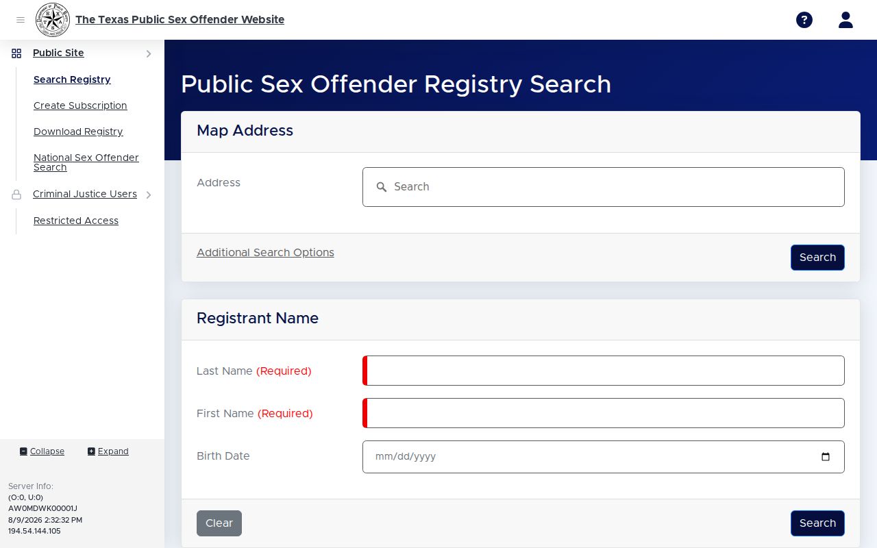 Gregg County sex offender registry profile field layout