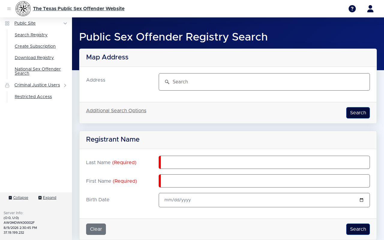 Gregg County sex offender lookup on the Texas DPS registry search form